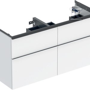 Szafka iCon pod umywalkę podwójną z czterema szufladami 118 4 cm x 61 5 cm x 47 6 cm biały / lakierowany na wysoki połysk chromowany z połyskiem 502.309.01.2