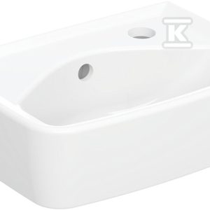 Umywalka kompaktowa Rekord – kształt geometryczny, krótka, B35 cm, H15 cm, T25 cm, z otworem na baterię z prawej strony, z przelewem K92932000