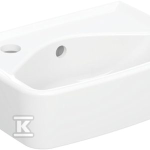 Umywalka kompaktowa Rekord – kształt geometryczny, krótka, B35 cm, H15 cm, T25 cm, z otworem na baterię z lewej strony, z przelewem K92933000