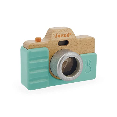 Janod First Age Camera Drewniana zabawka imitująca Dźwięk i oświetlenie, pobudzająca zmysł umiejętności motoryczne silikonowa powłoka farba wodna od 18 miesięcy, J05381