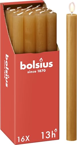 Bolsius Stożkowe świece kolumnowe żółte opakowanie 16 sztuk długi czas palenia 13 godzin świeca domowa dekoracja wnętrz bezzapachowa zawiera naturalny wegański wosk 27 x 2,3 cm