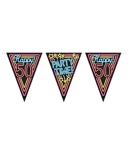 PD Party 7012907 Neon Impreza Bunting Dekoracja Happy 50, Wielokolorowy, Świąteczny, Czas Imprezycja, Flagą, 1000cm Długość x 30cm Szerokość 0.1cm Wysokość