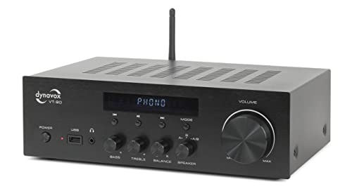 Dynavox Stereo kompaktowy wzmacniacz VT 90, przykręcane terminale przyłączeniowe do 4 głośników, pilot zdalnego sterowania, wejście fono, streaming BT, czarny