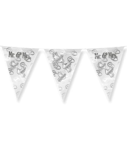 PD Party 7031044 Impreza Bunting Elegancki Mr. & Mrs., Srebro, Foil Bunting, Dwustronna, Trójkątny, Dekoracje Imprezowe Flagi, 1000cm Długość x 30cm Szerokość 0.1cm Wysokość - obrazek 1