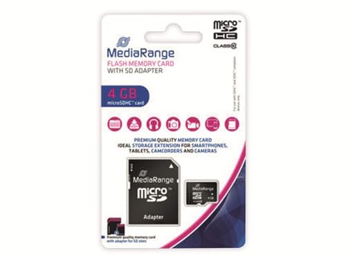 MediaRange Karta pamięci micro SDHC z adapterem SD 4 GB prędkość klasy 10, odczytu do 15 MB/s, zewnętrzna pamięć danych mobilnych urządzeń końcowych, takich jak aparaty cyfrowe lub