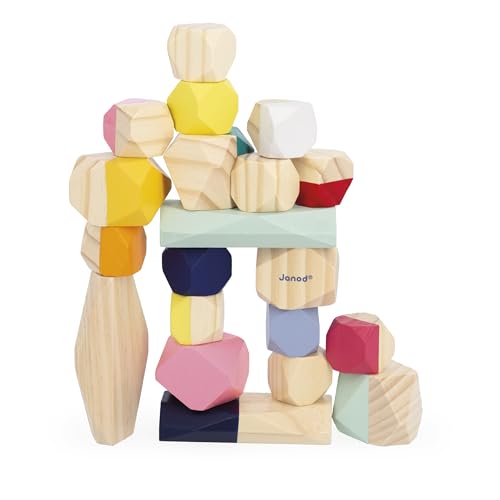 Janod Wooden Stacking Stones Sweet Cocoon Collection Early Learning Toy, water based paint Toy Fine Motor Skills and Concentration From 2 years old, J04401