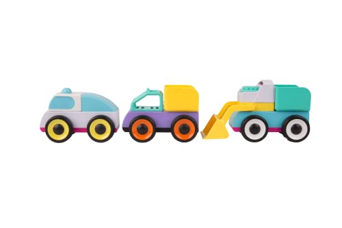 Playgro Samochody zabawkowe Mix & Match, 3 sztuki, od 1 roku, Build and Drive n Match vehicles, Steam, zabawka edukacyjna, częściowa, wielokolorowa, nie zawiera BPA