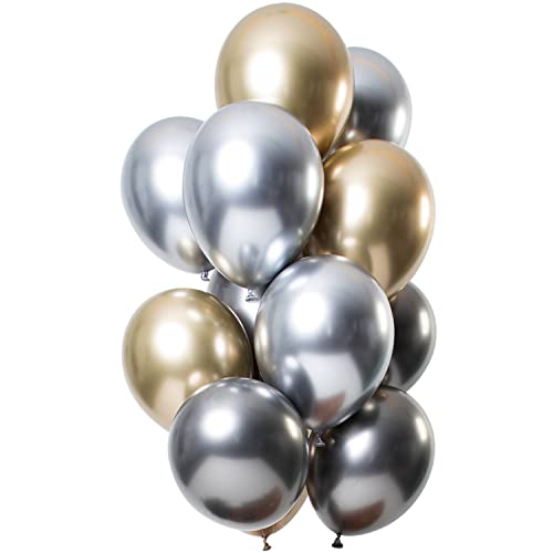 Folat 69715 balony z efektem lustrzanym onyksu, 33 cm, 12 sztuk, lateksowe helem, dekoracja urodzinowa, białe, złote, srebrne, Ø 30 cm - obrazek 1