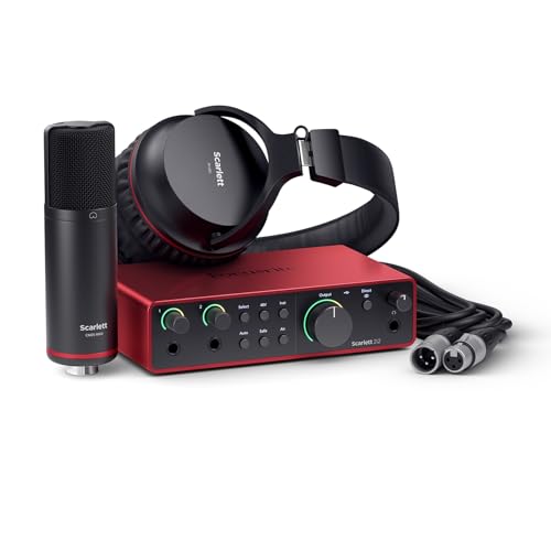 Focusrite Scarlett Interfejs audio USB 2i2 Studio 4. generacji dla autorów piosenek z mikrofonem pojemnościowym i słuchawkami do nagrywania, przesyłania strumieniowego podcastów