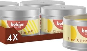 Bolsius True Citronella świece outdoorowe puszka metalowa 4 szt. zapach cytronelli dekoracja zewnętrzna czas palenia 22 godziny Bolsius True Citronella świece outdoorowe puszka metalowa 4 szt. zapach cytronelli dekoracja zewnętrzna czas palenia 22 godziny