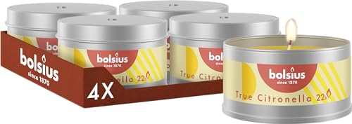 Bolsius True Citronella świece outdoorowe puszka metalowa 4 szt. zapach cytronelli dekoracja zewnętrzna czas palenia 22 godziny