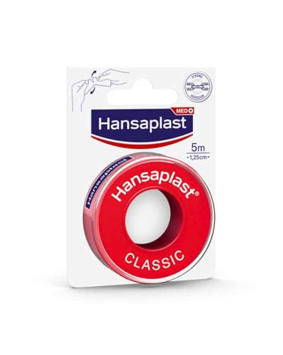 Hansaplast Fixation Plaster Classic 5 m x 1,25 cm, łatwa do zerwania taśma o silnej przyczepności + 2,5 szeroka rolka gipsu bezpiecznego mocowania bandaży - obrazek 1