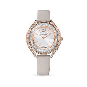 Swarovski Zegarek Crystalline Aura, Swiss Made, Skórzany Pasek, Szary, Powłoka W Odcieniu Różowego Złota