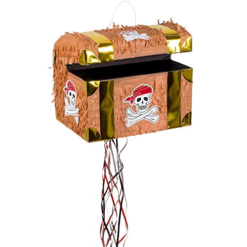 Boland 30935 pinata skrzynia skarbów, 30 x 26 23 cm, brzowo zBota, karton, z dziurkaczem, urodziny dla dzieci, impreza tematyczna, uroczysto[, dekoracja, sBodycze, prezenty