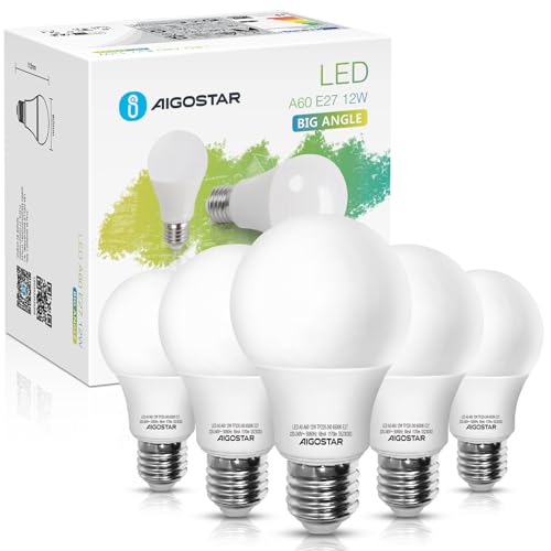 Aigostar Żarówka LED E27 zimna biel 6500K, 12W, odpowiednik 81W, 1170 lumenów, żarówki A60, kąt 280º opakowanie 5 sztuk - obrazek 1