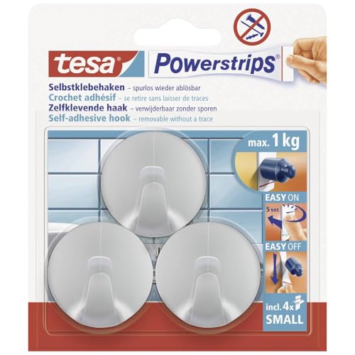 tesa Samoprzylepne haczyki, do 1 kg, zdejmowane, okrągłe, matowe chromowane, 3 sztuki tesa Samoprzylepne haczyki, do 1 kg, zdejmowane, okrągłe, matowe chromowane, 3 sztuki