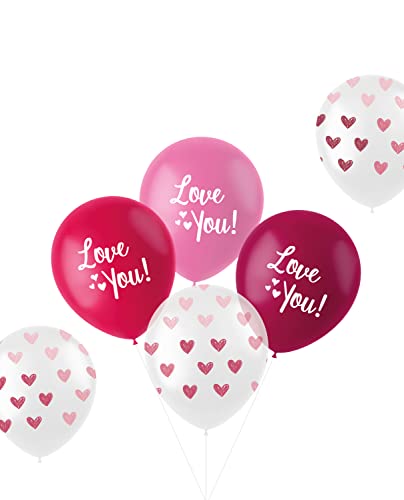 Folat 24885 Romantyczne dekoracyjne balony "Love You", mieszanka różowych, 33 cm, 6 sztuk, lateksowe z helem na wesele, Walentynki lub Dzień Matki, różowe - obrazek 1