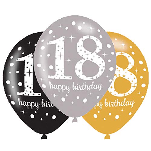 Balony metalizowane, 18. Urodziny, Happy Birthday, 6 sztuk - obrazek 1