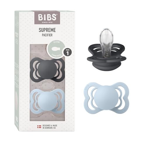 BIBS Supreme Smoczek, 2 szt., Bez BPA, Symetryczny kształt gumowej główki. Silikon, Rozmiar 1 (0 6 miesięcy), Iron/Baby Blue