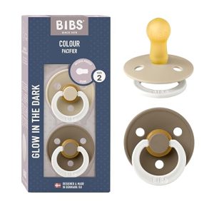 BIBS Colour NIGHT Smoczek, 2 szt., Bez BPA”, Okrągły kształt gumowej główki. Lateks z kauczuku naturalnego, Rozmiar (6 18 miesięcy), Vanilla NIGHT/Dark Oak