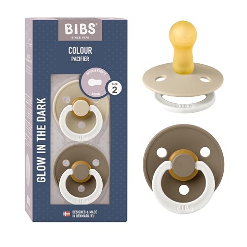BIBS Colour NIGHT Smoczek, 2 szt., Bez BPA", Okrągły kształt gumowej główki. Lateks z kauczuku naturalnego, Rozmiar (6 18 miesięcy), Vanilla NIGHT/Dark Oak - obrazek 1