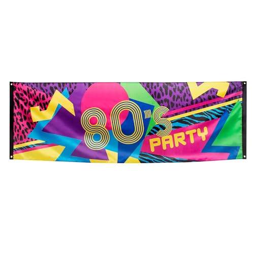 Boland 44602 Baner dekoracyjny 80s party, rozmiar 74×220 cm, lata 80s, kolorowy, poliester, baner, dekoracja [cienna, impreza tematyczna, karnawaB, dyskoteka, scena, urodziny, wzór leo