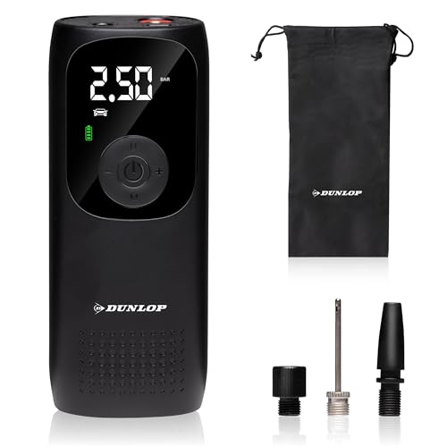 Dunlop Przenośna Sprężarka powietrza 150 PSI Bezprzewodowa Pompka do opon z portem USB C Pompa rowerowa wszystkich wentyli piłek 10 bar manometrem Czarny