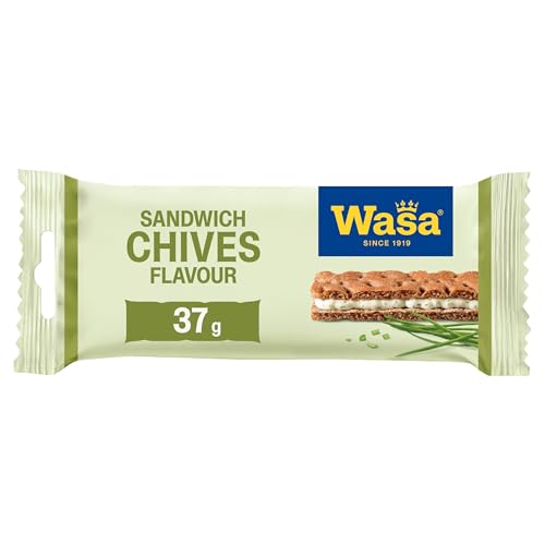 Wasa Sandwich Cheese & Chives 24 x 37 g i bogata w błonnik przekąska chrupkiego chleba z pełnoziarnistym żytnim wypełnieniem ze szczypiorku serem, po 2 pałeczki, idealna podróży