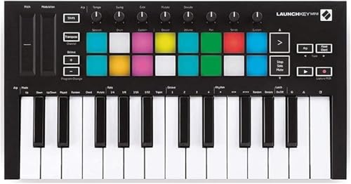 Novation Launchkey Mini (MK3), Kontroler klawiszowy MIDI, przenośny 25 klawiszowy, USB, z integracją DAW tryb Chord, Scale i arpeggiator — do produkcji muzyki.
