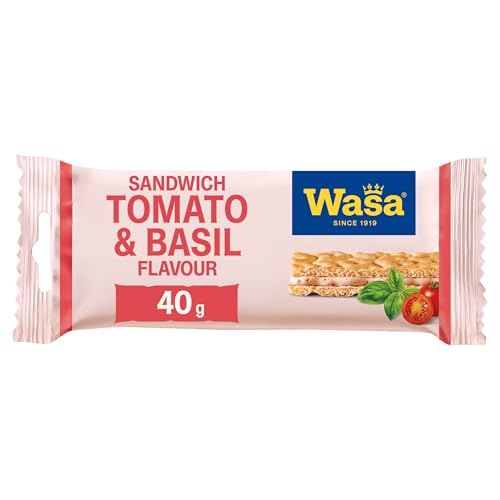 Wasa Sandwich Tomato & Basil 24 x 40 g przekąska z mąki pszennej nadzieniem sera, suszonych pomidorów i bazylii, po 2 pałeczki, idealna w podróży - obrazek 1