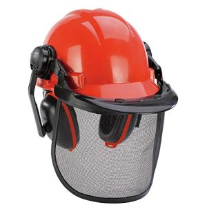 Einhell Oryginalny kask ochronny leśny (obwód głowy kasku 52 66 cm, regulowana ochrona słuchu), pomarańczowy, czarny