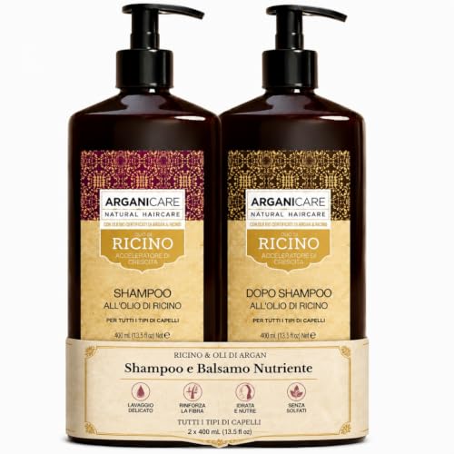 Arganicare Duo Szampon + Rycynowy przyspieszacz wzrostu Oczyszcza i nawilża włosy delikatnie Wszystkie rodzaje włosów 1×400 ML+ 1x400mL