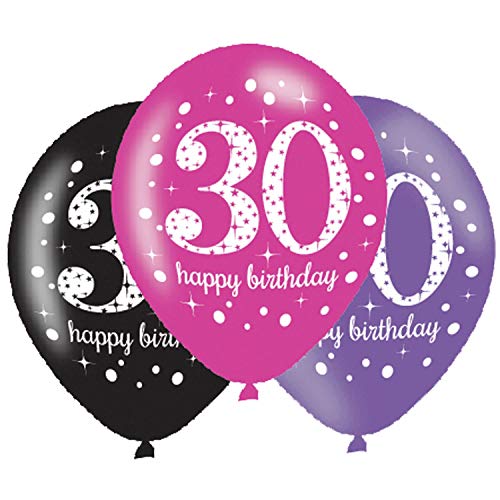 Balony metalizowane, 30. Urodziny, Happy Birthday, 6 sztuk - obrazek 1
