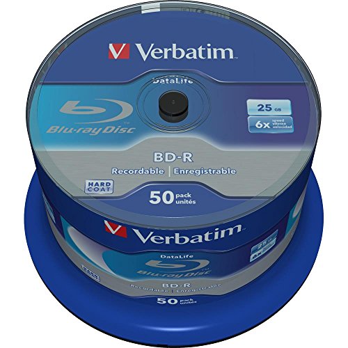 Verbatim BD R SL Datalife Półfabrykaty Blu Ray, 25 GB, Dysk ray z 6 Krotną Prędkością Zapisu, Ochroną przed Zarysowaniem, Dyskami do Plików Wideo i Audio, 50 Szt, Wrzeciona