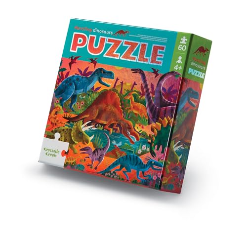 Crocodile Creek Oszałamiające dinozaury holograficzne puzzle podłogowe z folii, 60 elementowe dla dzieci w wieku od 4 lat wytrzymałe pudełko do przechowywania rozmiar puzzli: 35 cm x 45
