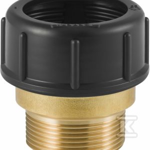 Złączka mosiężna 56xGZ2″, gwint zewnętrzny, z nakrętką PP i śrubunkiem zaprasowywanym (kanalizacja HDPE) 359.311.00.1