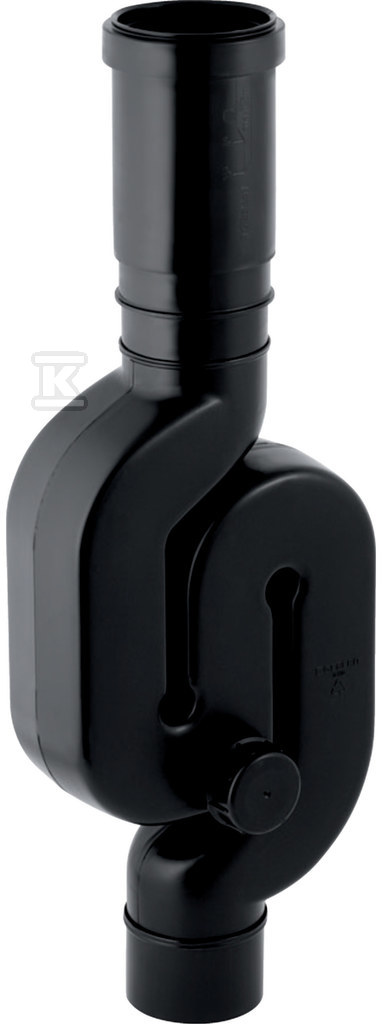 Syfon PEHD 75 do pionów deszczowych z rewizją 50mm odpływ pionowy, przepustowość 3,8l/s, wysokość zasyfonowania 70mm, kolor czarny (kanalizacja HDPE) 365.813.16.1 - obrazek 1