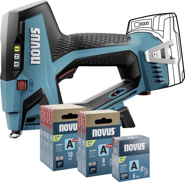 Zszywacz akumulatorowy Novus Tools 031-0373 Rodzaj zszywek Typ 37, Typ 53 Długość zszywek 6 – 14 mm bez akumulatora, bez