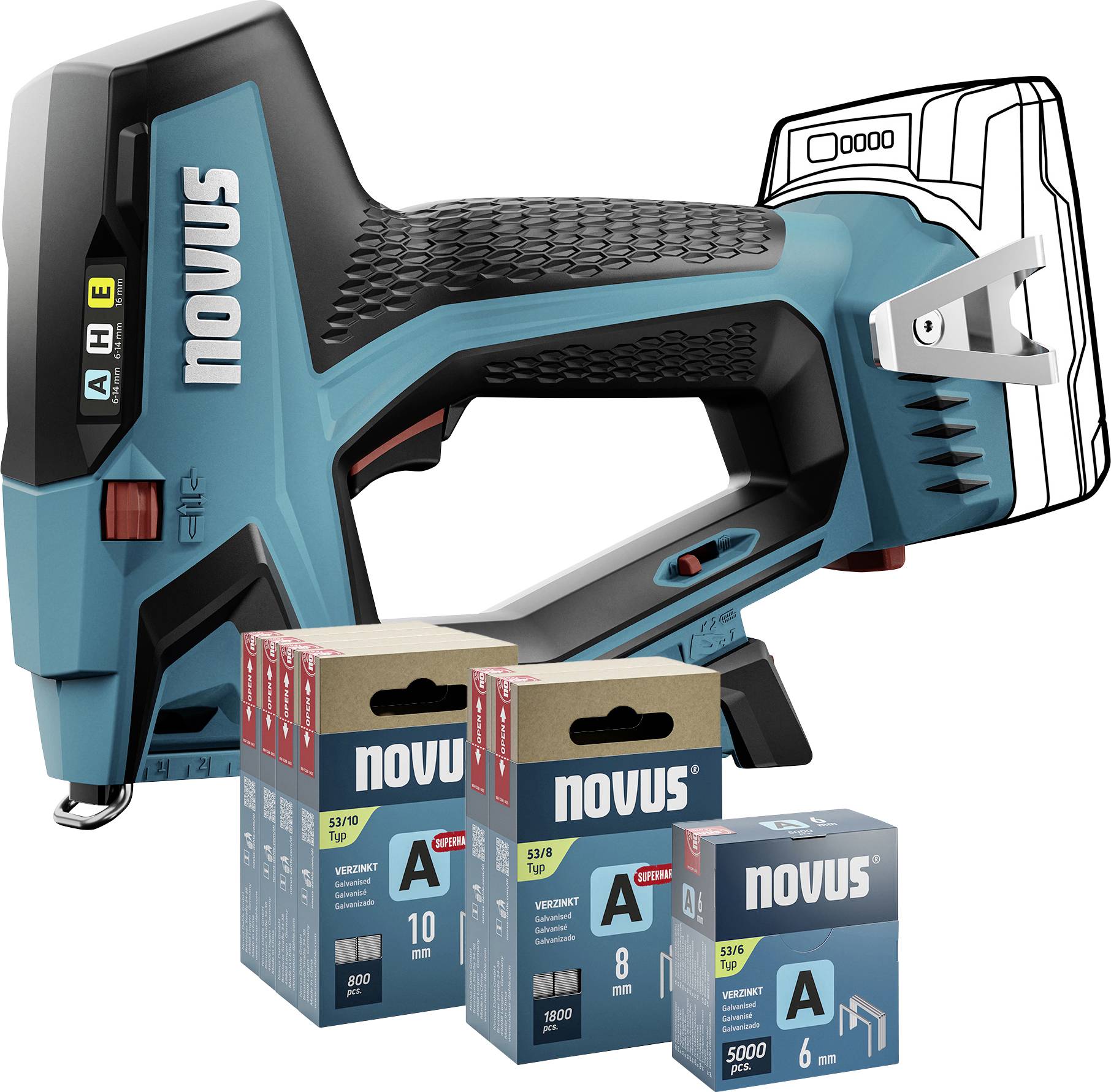 Zszywacz akumulatorowy Novus Tools 031-0373 Rodzaj zszywek Typ 37, Typ 53 Długość zszywek 6 - 14 mm bez akumulatora, bez - obrazek 1
