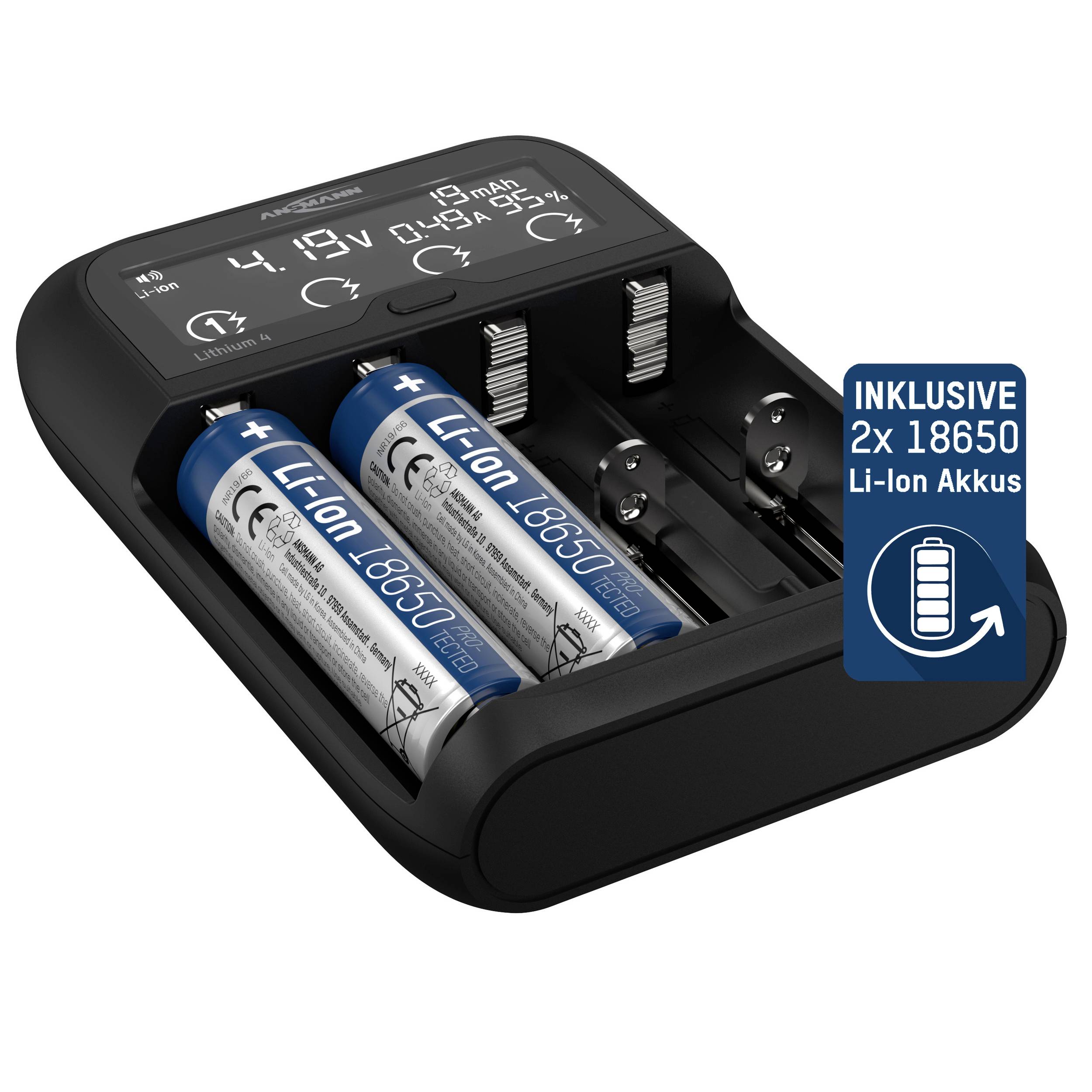 ładowarka Ansmann Lithium 4 Universalladegerät mit 2x 18650 Akkuzellen (2600mAh) LiIon, LiFePO4, NiMH - obrazek 1