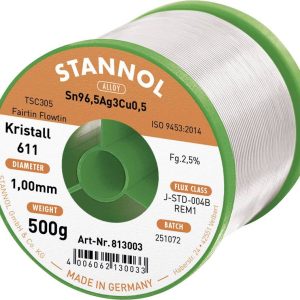 Cyna lutownicza bezołowiowa Stannol Kristall 611 Fairtin bezołowiowa Sn96,5Ag3Cu0,5 REM1 500 g 1 mm Cyna lutownicza bezołowiowa Stannol Kristall 611 Fairtin bezołowiowa Sn96,5Ag3Cu0,5 REM1 500 g 1 mm