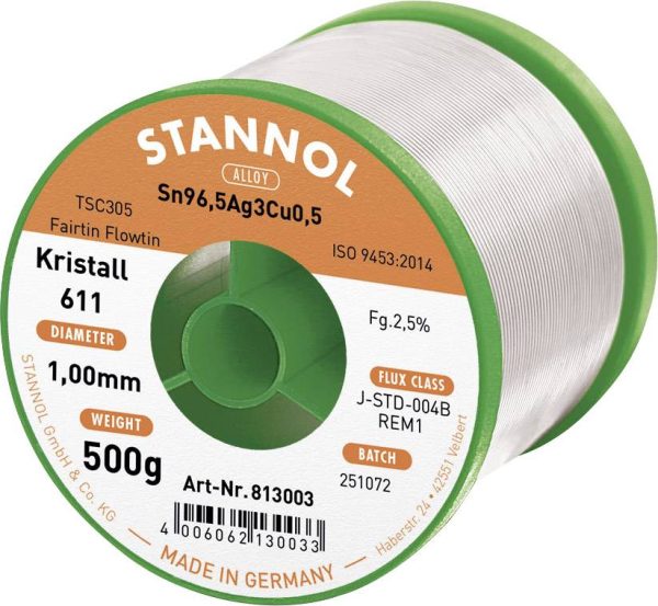 Cyna lutownicza bezołowiowa Stannol Kristall 611 Fairtin bezołowiowa Sn96,5Ag3Cu0,5 REM1 500 g 1 mm