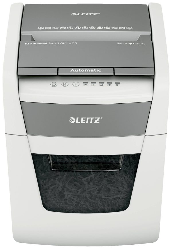 Leitz IQ Autofeed Small Office 50 P4 Niszczarka 6 ark. Cięcie na drobne elem. 4 x 28 mm P-4 20 l Niszczy także spinacze