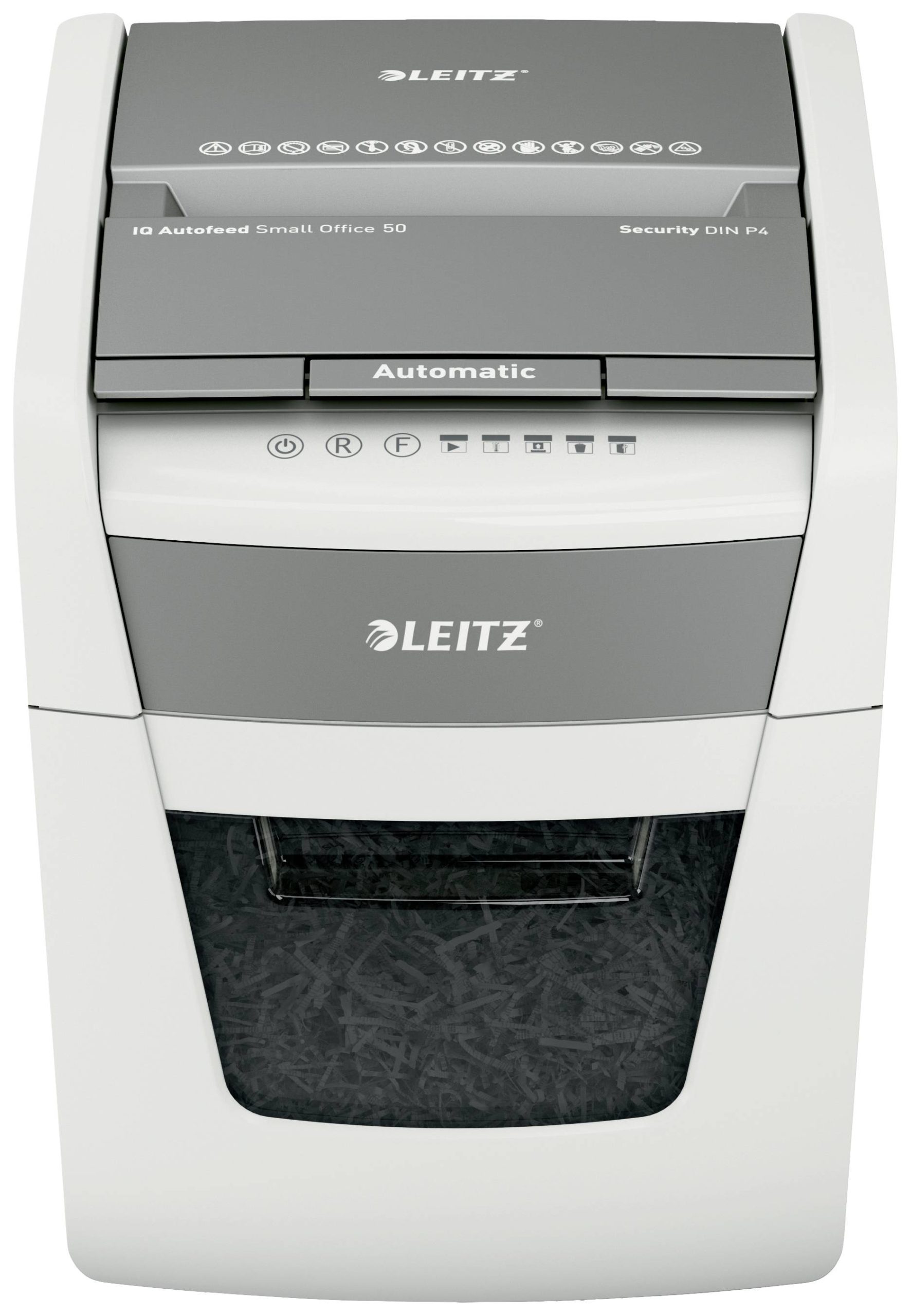 Leitz IQ Autofeed Small Office 50 P4 Niszczarka 6 ark. Cięcie na drobne elem. 4 x 28 mm P-4 20 l Niszczy także spinacze - obrazek 1