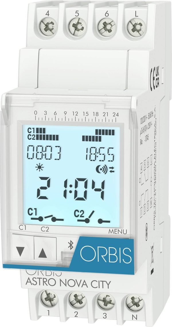 ORBIS Zeitschalttechnik OB178012 Przekaźnik czasowy na szynę DIN ASTRO NOVA CITY 230 V, cyfrowy, 2 x WŁ/WYŁ