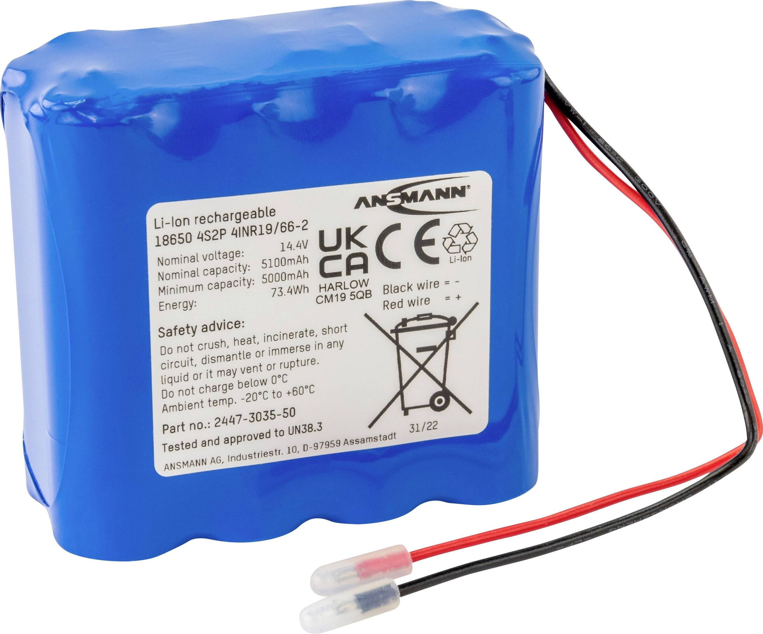 Pakiet akumulatorów 18650, Li-Ion Ansmann 4S2P, Ilość ogniw: 8, 14.4 V, 5100 mAh, Przewód - obrazek 1