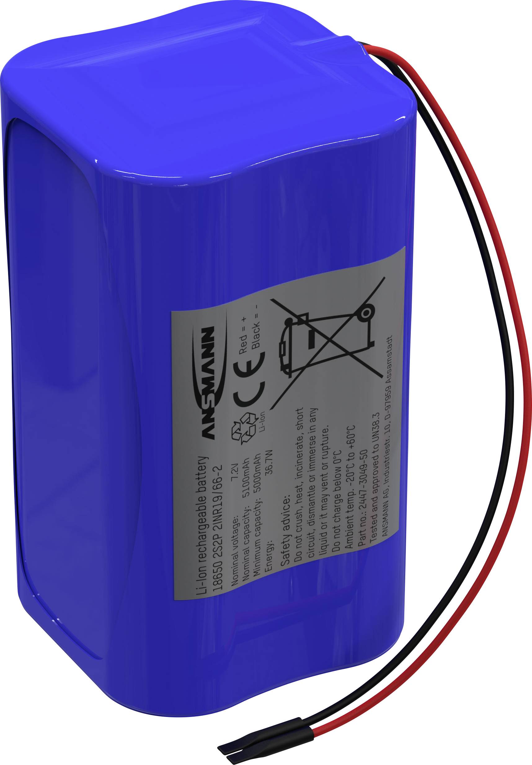 Pakiet akumulatorów 18650, Li-Ion Ansmann 2S2P, Ilość ogniw: 4, 7.2 V, 5100 mAh, Przewód - obrazek 1