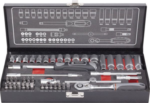 Klucze nasadowe z grzechotką TOOLCRAFT 826386, 1/4″ (6,3 mm), stal chromowo-wanadowa, 45 szt.