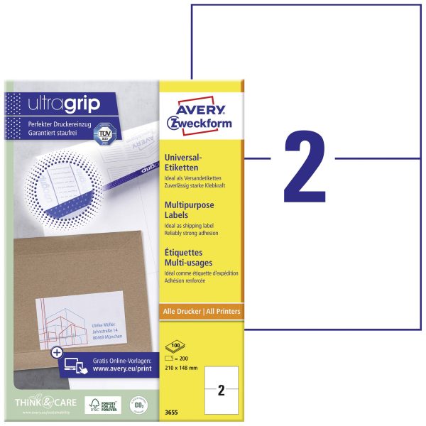 Avery-Zweckform 3655 Etykieta uniwersalna 210 x 148 mm Papier biały 200 szt. Trwały Drukarka atramentowa, Drukarka Laser