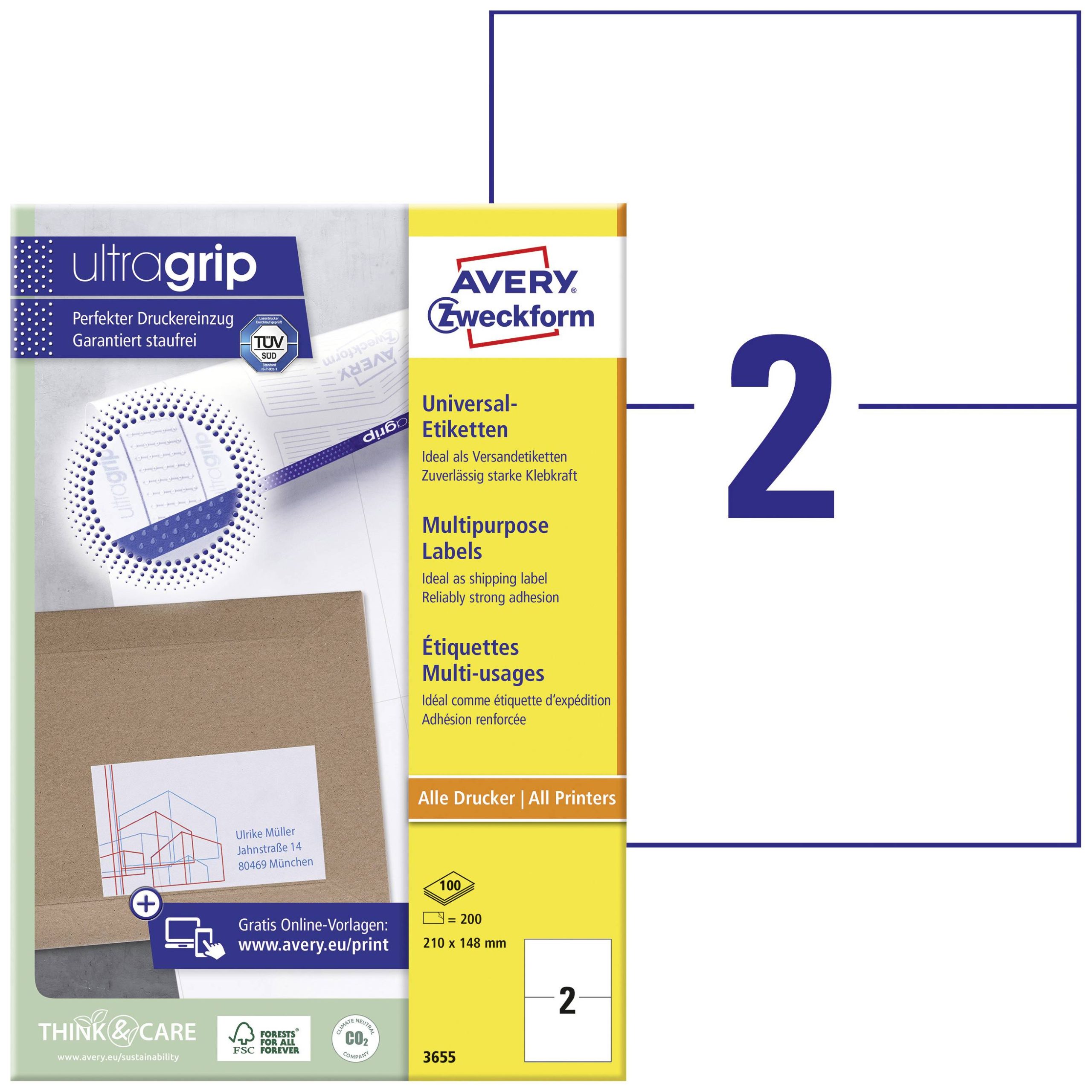 Avery-Zweckform 3655 Etykieta uniwersalna 210 x 148 mm Papier biały 200 szt. Trwały Drukarka atramentowa, Drukarka Laser - obrazek 1